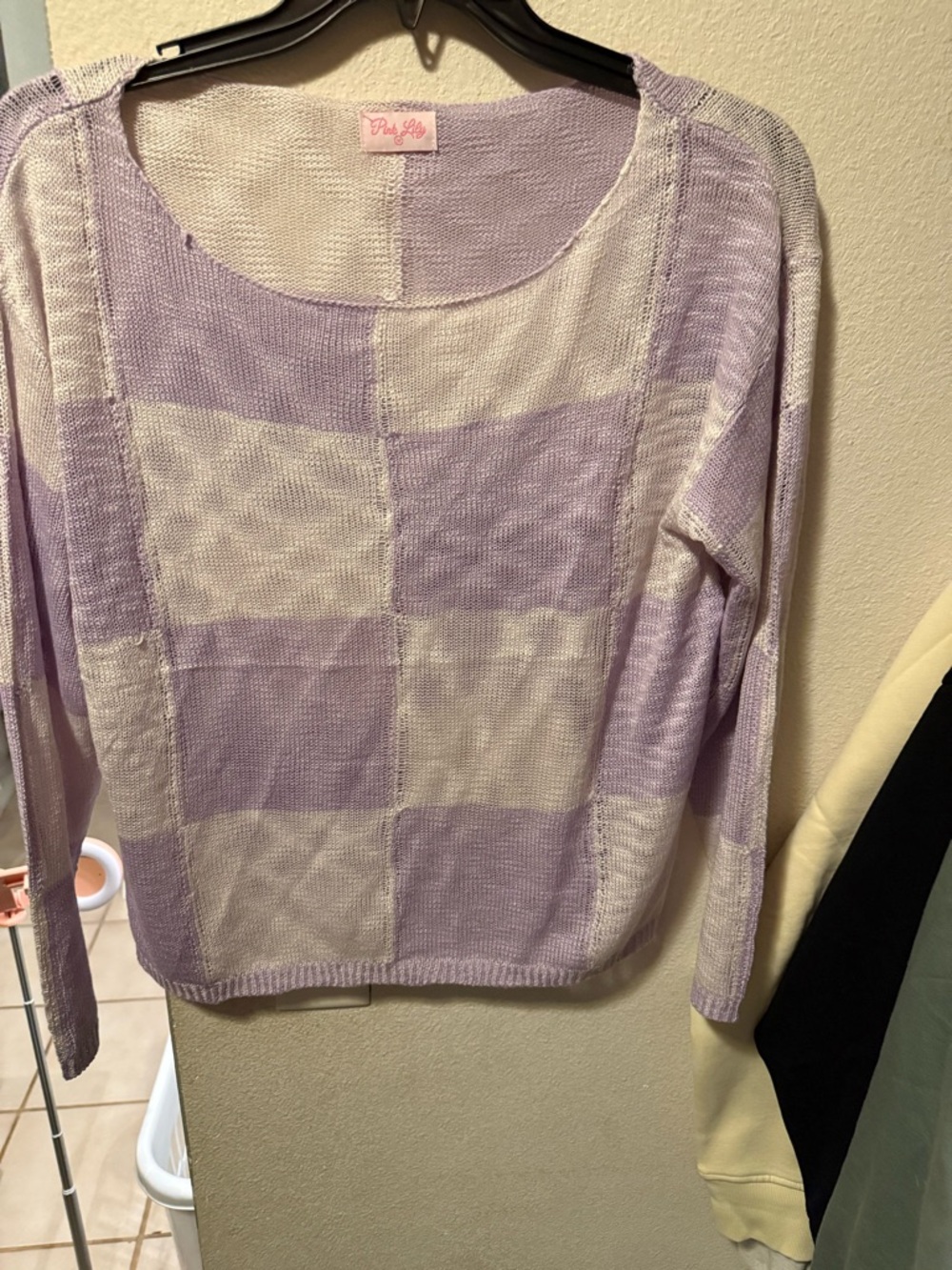 Pink Lily Lavender & Cream Checkerboard Crewneck Sweater